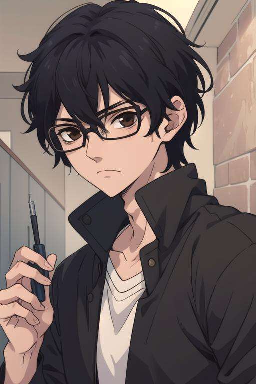 masterpiece, best quality, wallpaper, 1boy, solo, male focus, looking at viewer, upper body, , <lora:momo_sakaki:0.68>, momo_sakaki, black hair, brown eyes, hair between eyes, glasses, , alternate history, 16k resolution