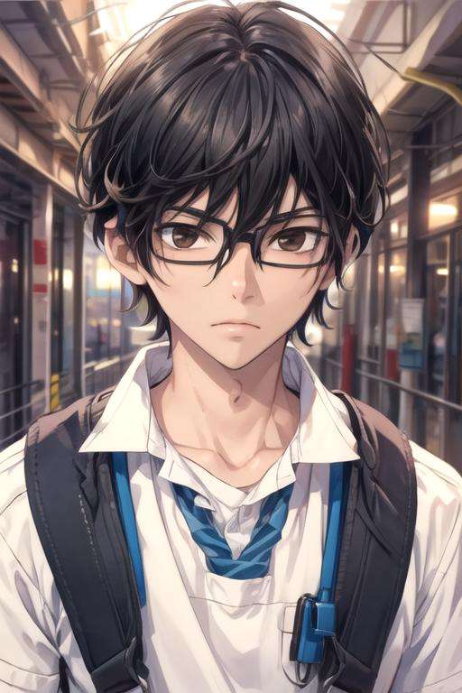 masterpiece, best quality, illustration, 1boy, solo, male focus, looking at viewer, upper body, , <lora:momo_sakaki:0.70>, momo_sakaki, black hair, brown eyes, hair between eyes, glasses, , , 16k resolution