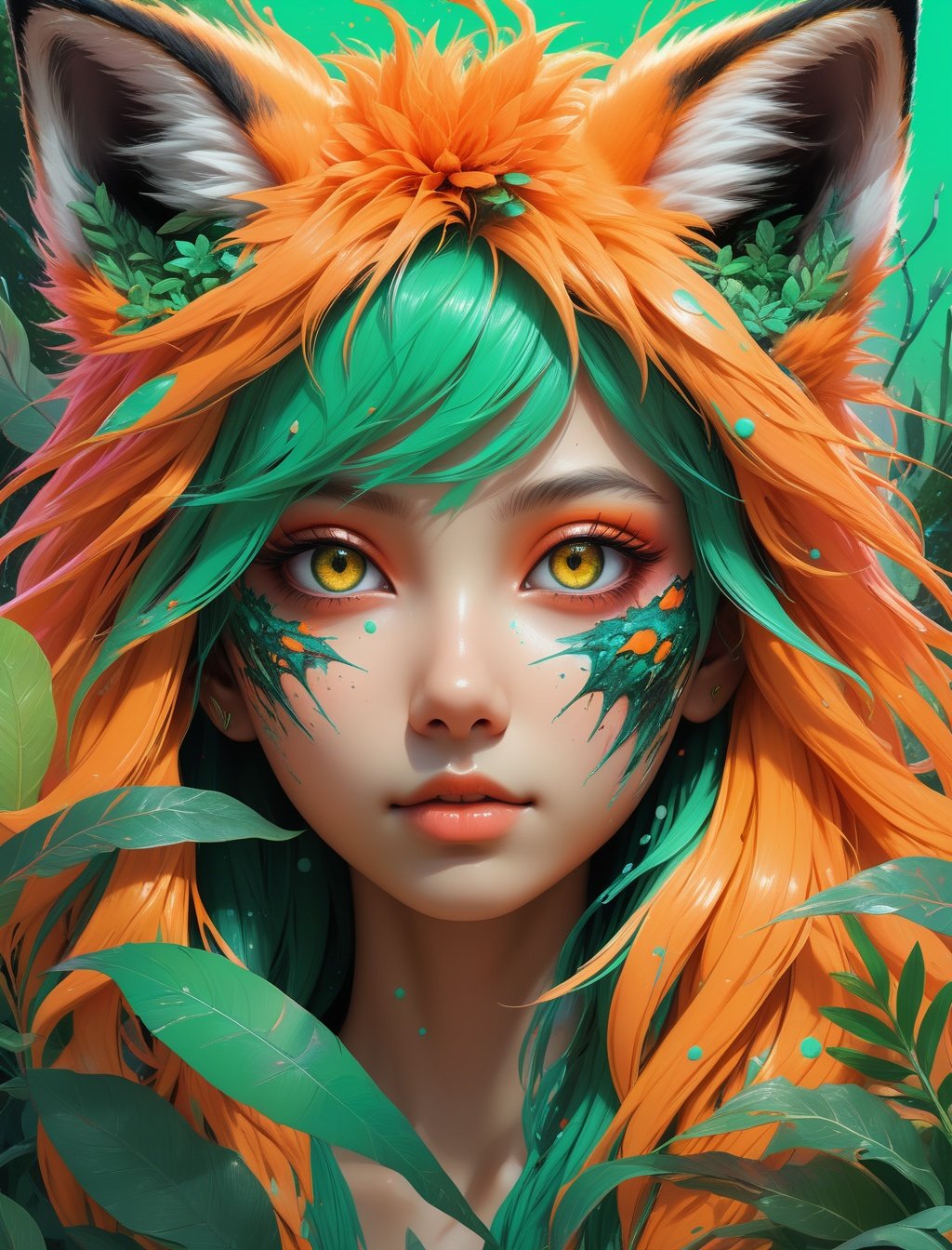 (masterpiece:1.1), (highest quality:1.1), (HDR:1.0), extreme quality, cg, (negative space), detailed face+eyes, 1girl, fox ears, animal ear fluff, (plants:1.18), (fractal art), (bright colors), splashes of color background, colors mashing, paint splatter, complimentary colors, neon, (thunder tiger), compassionate, electric, limited palette, synthwave, fine art, tan skin, upper body, (green and orange:1.2), time stop, sy3, SMM