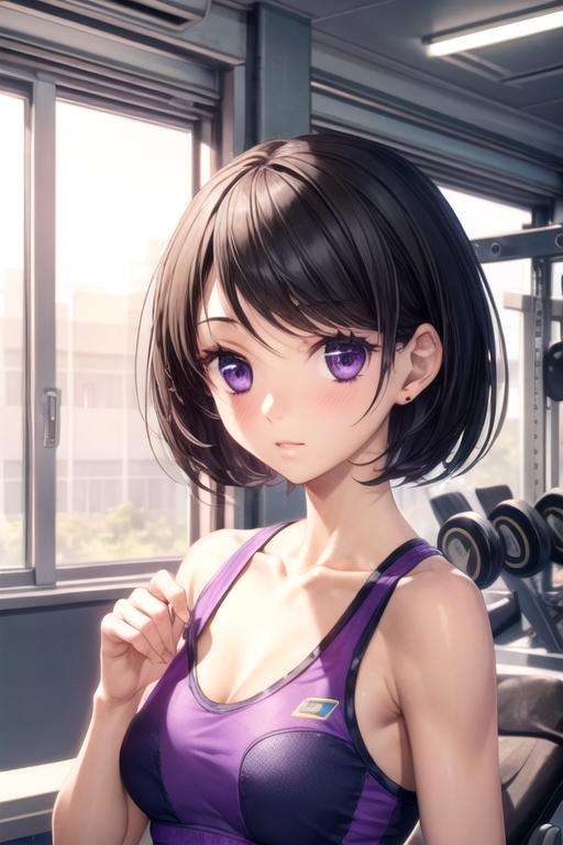 masterpiece, best quality, game cg, 1girl, solo, looking at viewer, upper body, , <lora:miou_suguri:0.74>, miou_suguri, black hair, purple eyes, fitness costume, soft science fiction,