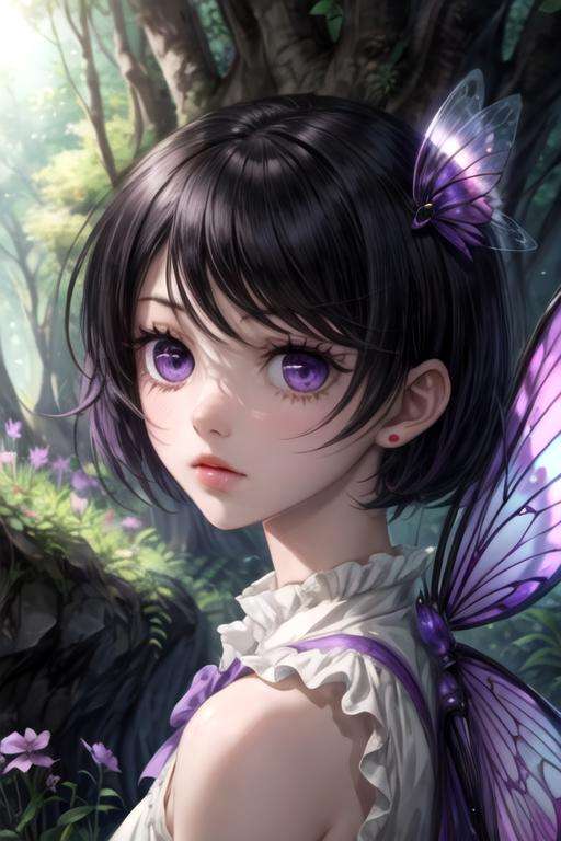 masterpiece, best quality, sketch, 1girl, solo, looking at viewer, , depth of field, <lora:miou_suguri:0.70>, miou_suguri, black hair, purple eyes, , , Fairyland: A place where fairies and other magical creatures live,