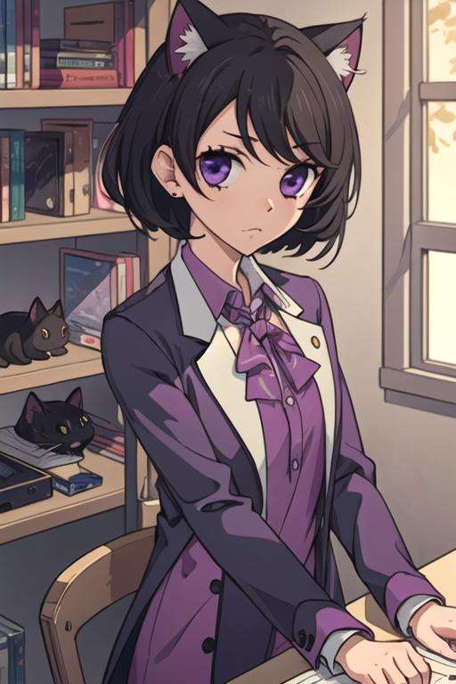 masterpiece, best quality, game cg, 1girl, solo, looking at viewer, , , <lora:miou_suguri:0.72>, miou_suguri, black hair, purple eyes, cat costume, science fantasy, 16k resolution