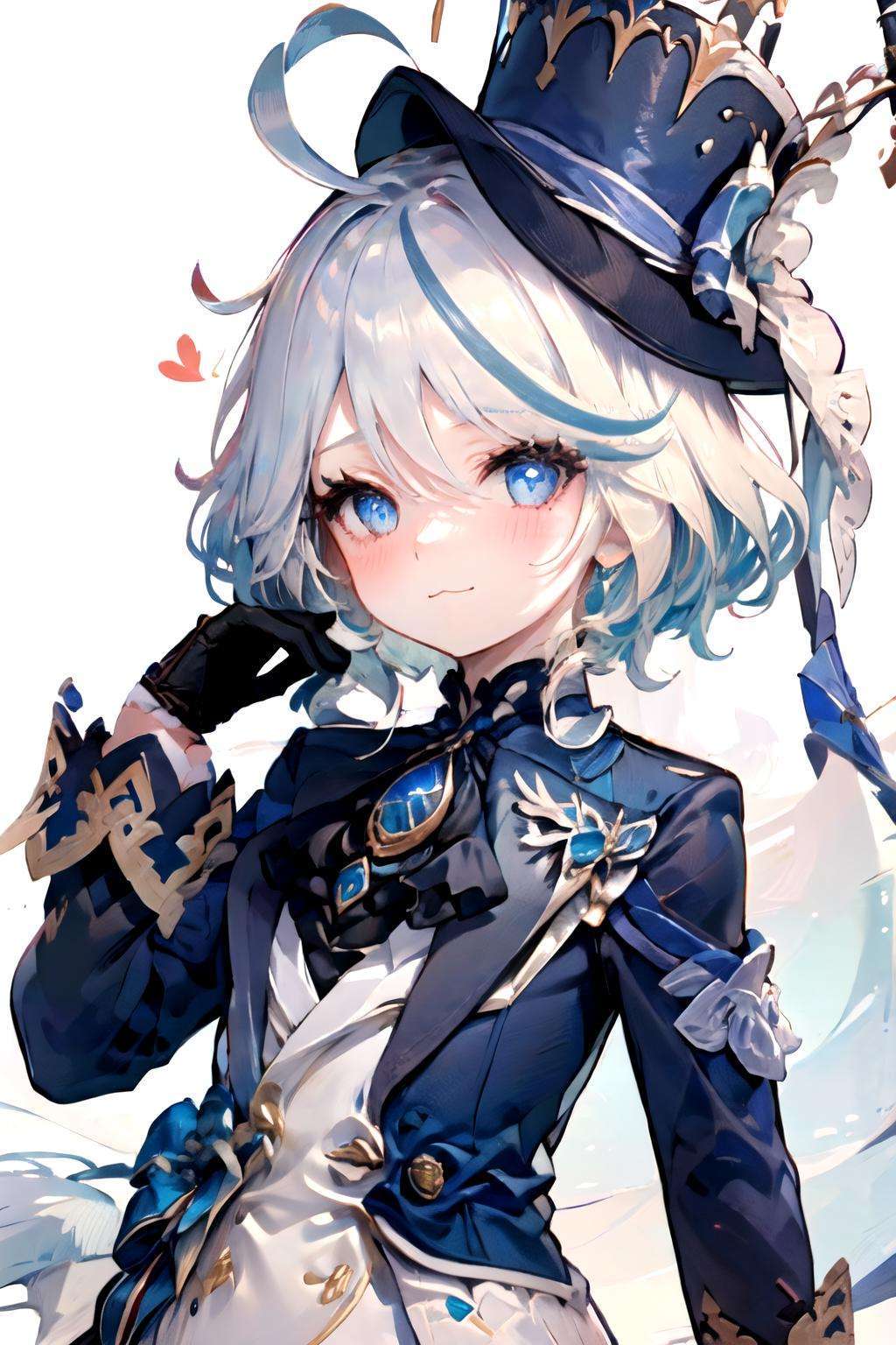 <lora:furina:1>furina, 1girl, solo, long hair, looking at viewer, blush, blue eyes, simple background, gloves, long sleeves, hat, white background, jewelry, :3, blue hair, jacket, upper body, ahoge, white hair, heart, streaked hair, symbol-shaped pupils, blue jacket, brooch, blue headwear, top hat