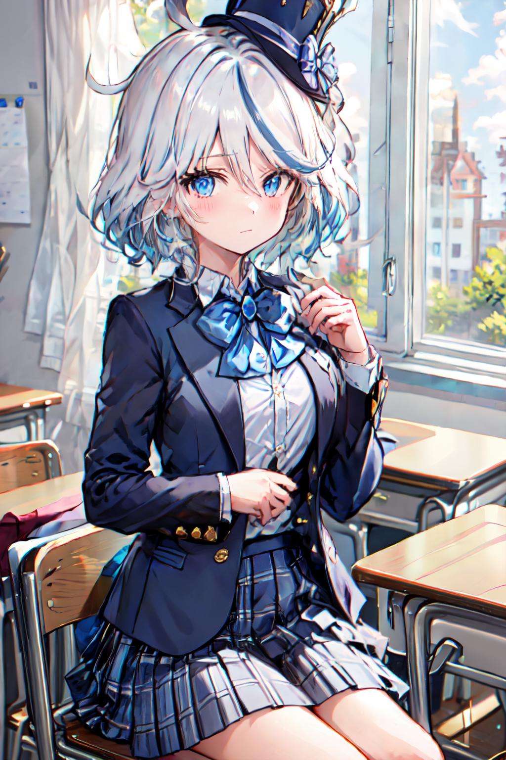 <lora:furina:1>furina, 1girl, solo, looking at viewer, blush, short hair, blue eyes, long sleeves, hat, bow, hair between eyes, sitting, closed mouth, school uniform, blue hair, white shirt, ahoge, white hair, pleated skirt, open clothes, collared shirt, indoors, hand up, miniskirt, bowtie, open jacket, blue skirt, streaked hair, black jacket, plaid, window, blue bow, chair, brooch, hat bow, desk, top hat, blue bowtie, classroom, school desk