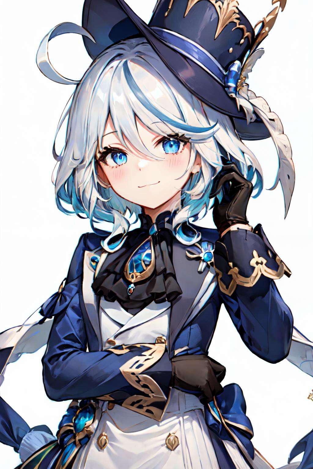 <lora:furina:0.8>furina, 1girl, solo, looking at viewer, blush, smile, short hair, blue eyes, simple background, gloves, long sleeves, hat, white background, hair between eyes, jewelry, closed mouth, blue hair, jacket, ahoge, white hair, black gloves, streaked hair, ascot, :3, brooch, blue headwear, blue gloves