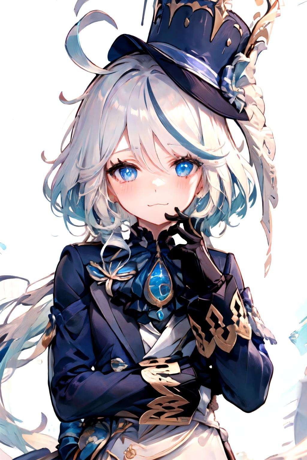 <lora:furina:1>furina, 1girl, solo, long hair, looking at viewer, blush, blue eyes, simple background, gloves, long sleeves, hat, white background, jewelry, :3, blue hair, jacket, upper body, ahoge, white hair, heart, streaked hair, symbol-shaped pupils, blue jacket, brooch, blue headwear, top hat