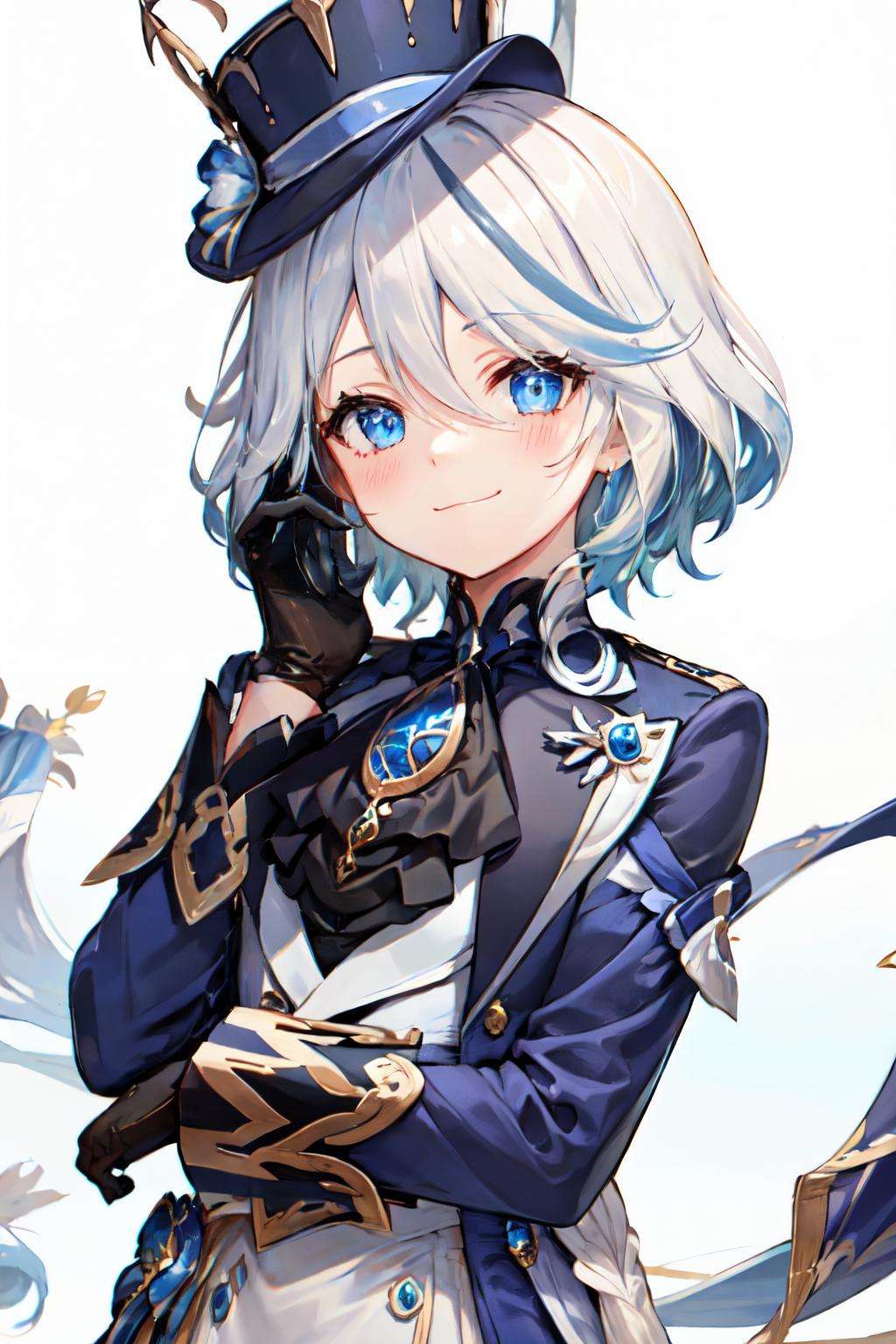 <lora:furina:0.8>furina, 1girl, solo, looking at viewer, blush, smile, short hair, blue eyes, simple background, gloves, long sleeves, hat, white background, hair between eyes, jewelry, closed mouth, blue hair, jacket, ahoge, white hair, black gloves, streaked hair, ascot, :3, brooch, blue headwear, blue gloves