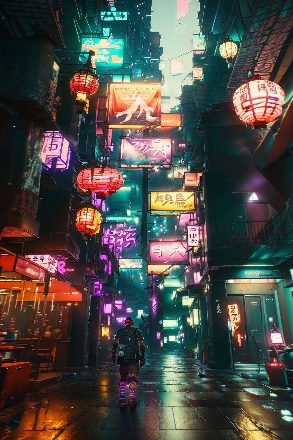 a fish is in the middle of a city street at night with lights and lanterns hanging from the buildings, Akihiko Yoshida, unreal 5, a screenshot, maximalism , 2077_Style