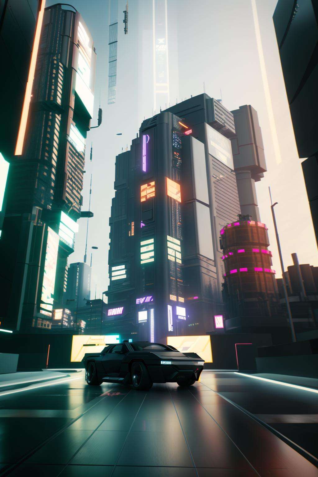 a futuristic building with a large screen and a car in the middle of the building and a lot of lights, Eve Ryder, unreal engine 5 rendered, concept art, retrofuturism, building, city, long_hair, scenery , 2077_Style