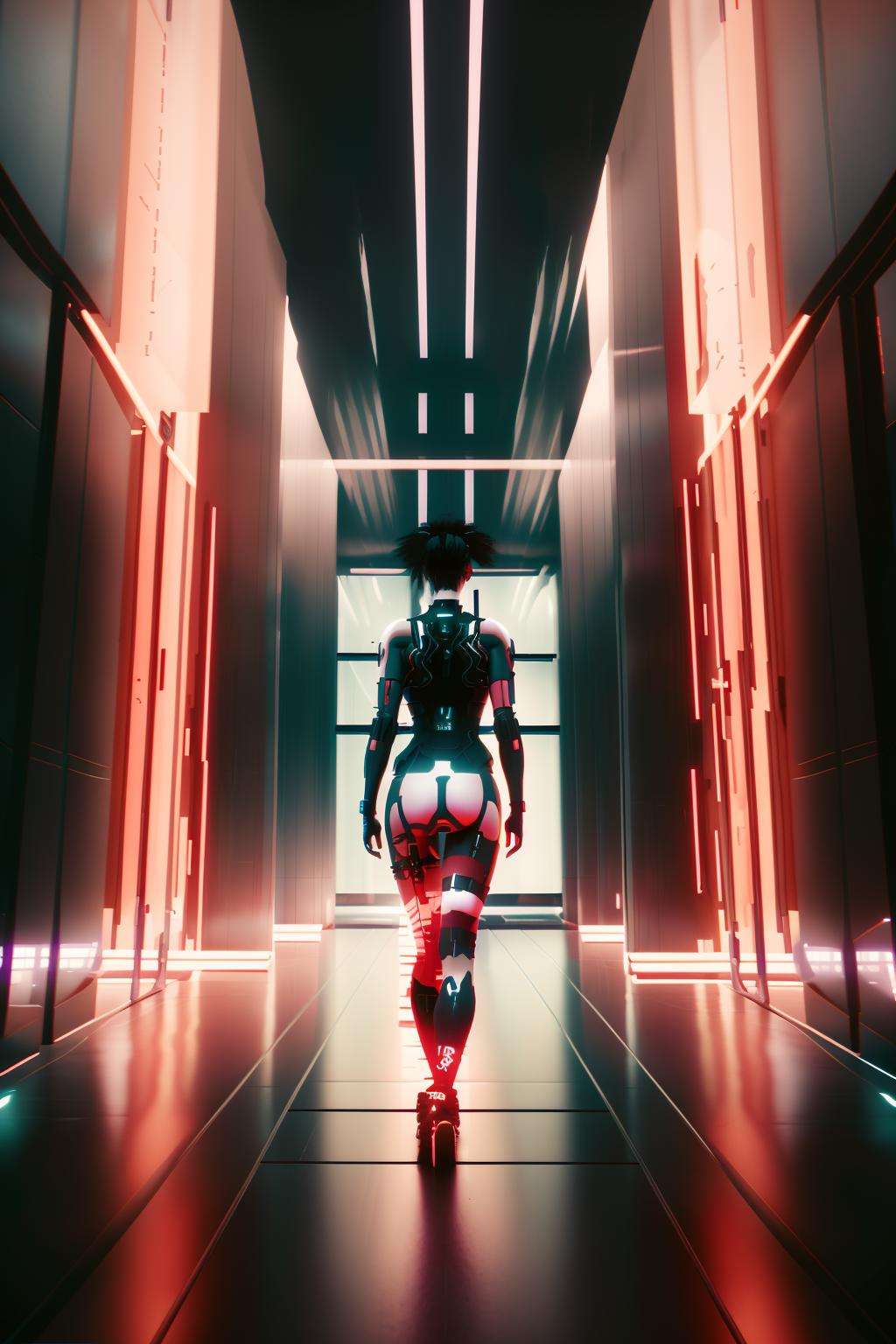 a woman in a white dress walking down a hall with red lights on the walls and a mirror behind her, Eve Ryder, unreal engine 5 rendered, concept art, retrofuturism, 1girl, black_hair, thighhighs , cyberpunk , 2077_Style