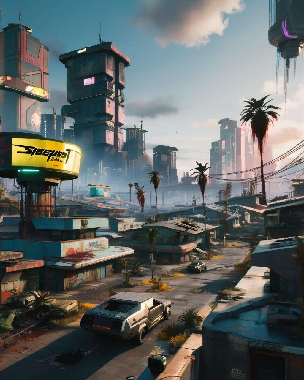 a seedy futuristic city with palm trees in the background inspired by cyberpunk 2077, post-apocalypse, and a futuristic building in the foreground, Eddie Mendoza, unreal 5, concept art, maximalism , building, city, cloud, ground_vehicle, no_humans, potted_plant, road, scenery, sky, sunset, tree, window<lora:2077_Style:1.0>