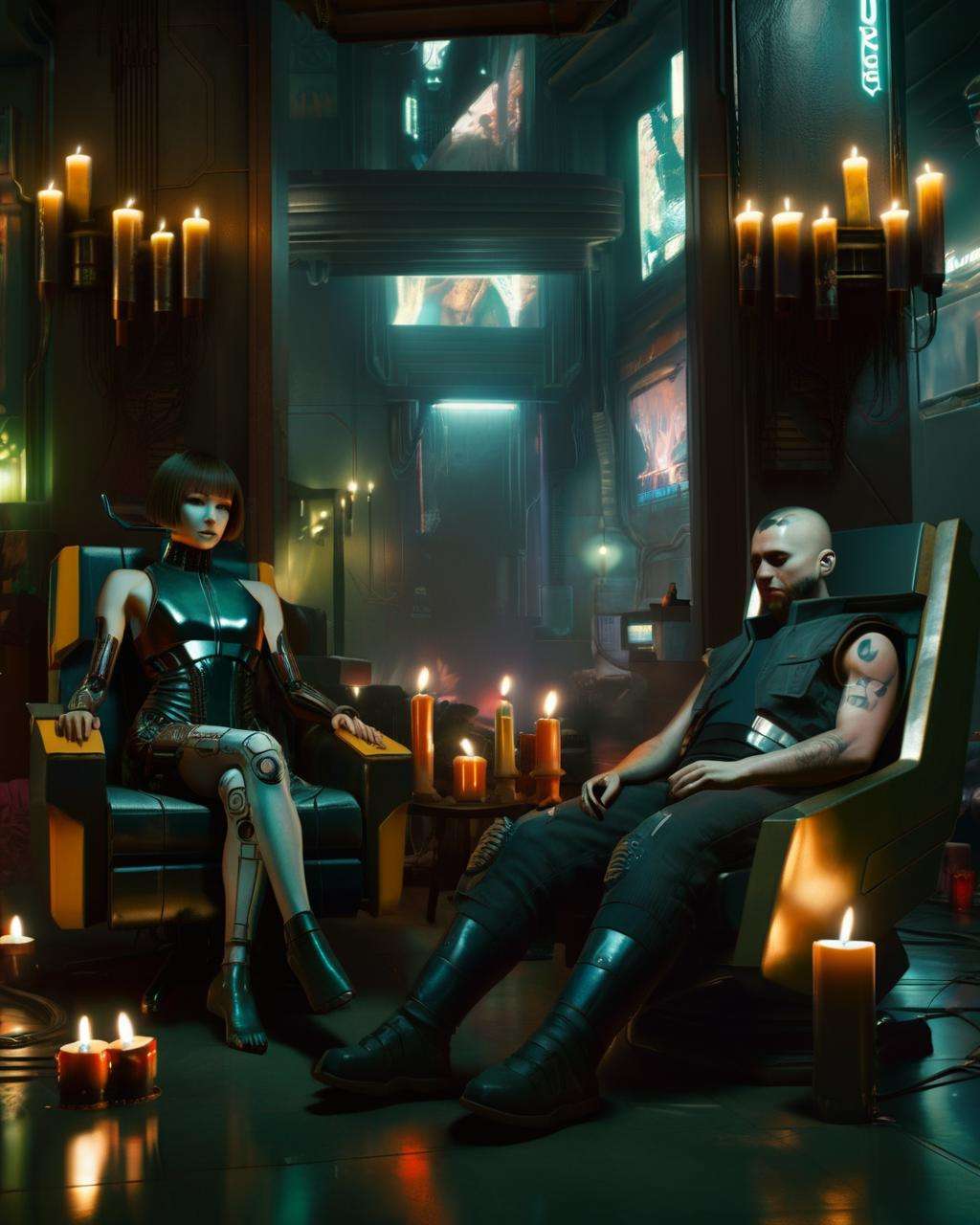 a man and a woman sitting in a chair in a room with candles , Eddie Mendoza, cyberpunk, cyberpunk art, retrofuturism ,  brown_hair, short_hair, sitting<lora:2077_Style:1.0>