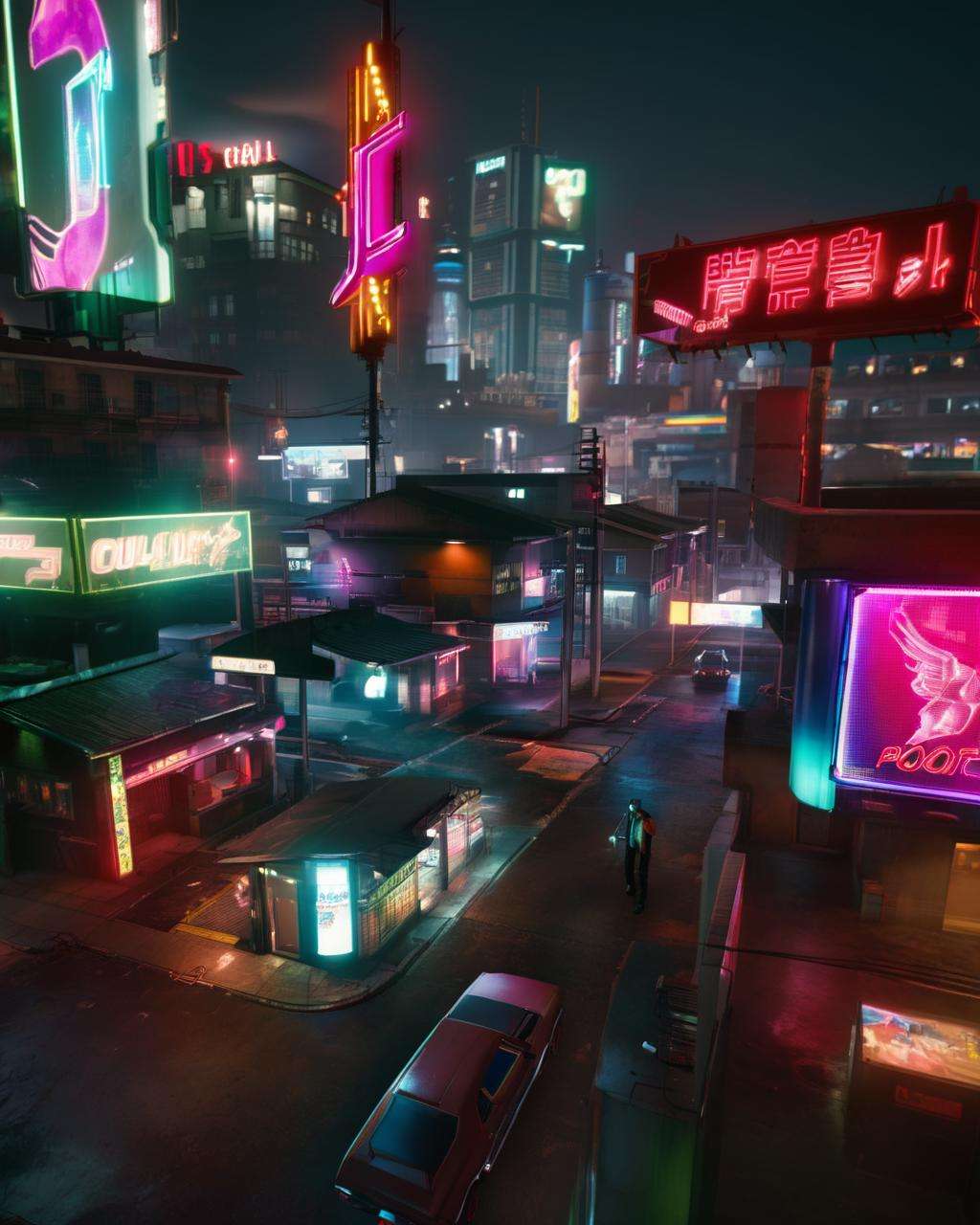 a man talking on a cell phone in a city at night with neon signs and neon lights on the buildings, Altichiero, unreal engine 4k, a screenshot, photorealism, building, city, cityscape, cyberpunk, night, road, scenery, sign, skyscraper, street<lora:2077_Style:1.0>