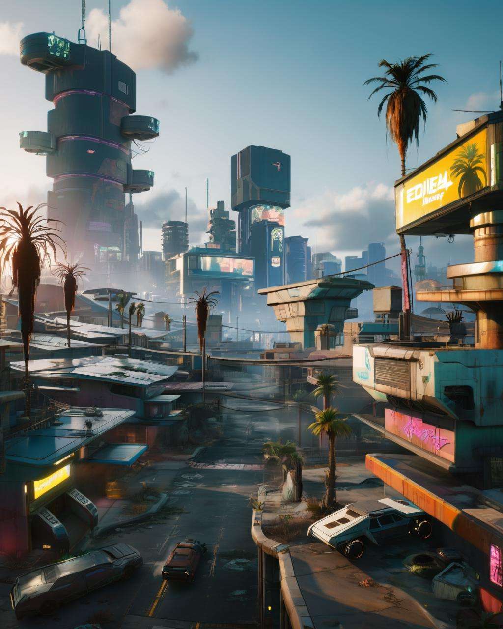 a seedy futuristic city with palm trees in the background inspired by cyberpunk 2077, post-apocalypse, and a futuristic building in the foreground, Eddie Mendoza, unreal 5, concept art, maximalism , building, city, cloud, ground_vehicle, no_humans, potted_plant, road, scenery, sky, sunset, tree, window<lora:2077_Style:1.0>