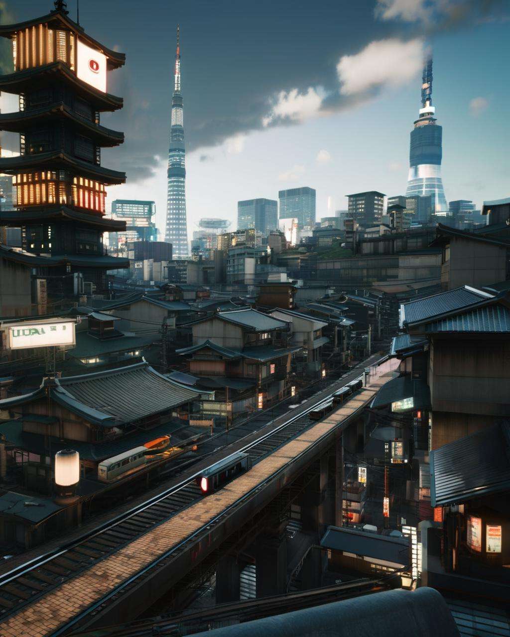 a city with a train on the tracks and a lot of tall buildings in the background with a sky line, Cedric Seaut (Keos Masons), unreal engine 4k, a detailed matte painting, retrofuturism , architecture, bridge, building, castle, chimney, city, city_lights, cityscape, clock_tower, east_asian_architecture, library, no_humans, outdoors, pagoda, river, road, rooftop, scenery, sky, skyline, skyscraper, street, tokyo_\(city\), tower, town , cyberpunk city<lora:2077_Style:1.0>