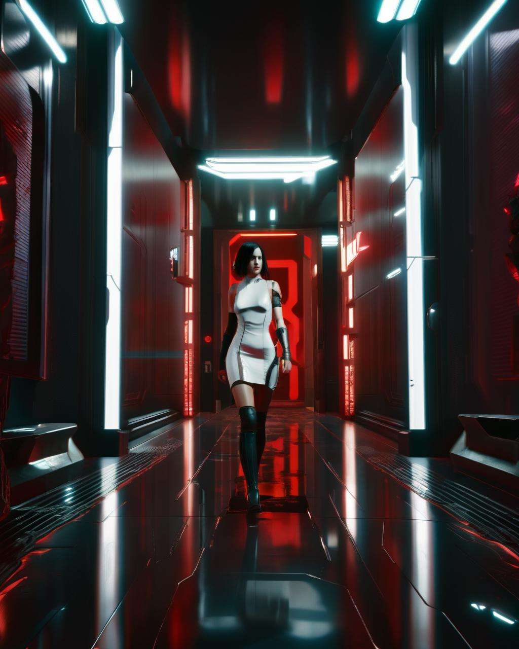 a woman in a white dress walking down a hall with red lights on the walls and a mirror behind her, Eve Ryder, unreal engine 5 rendered, concept art, retrofuturism, 1girl, black_hair, thighhighs<lora:2077_Style:1.0>