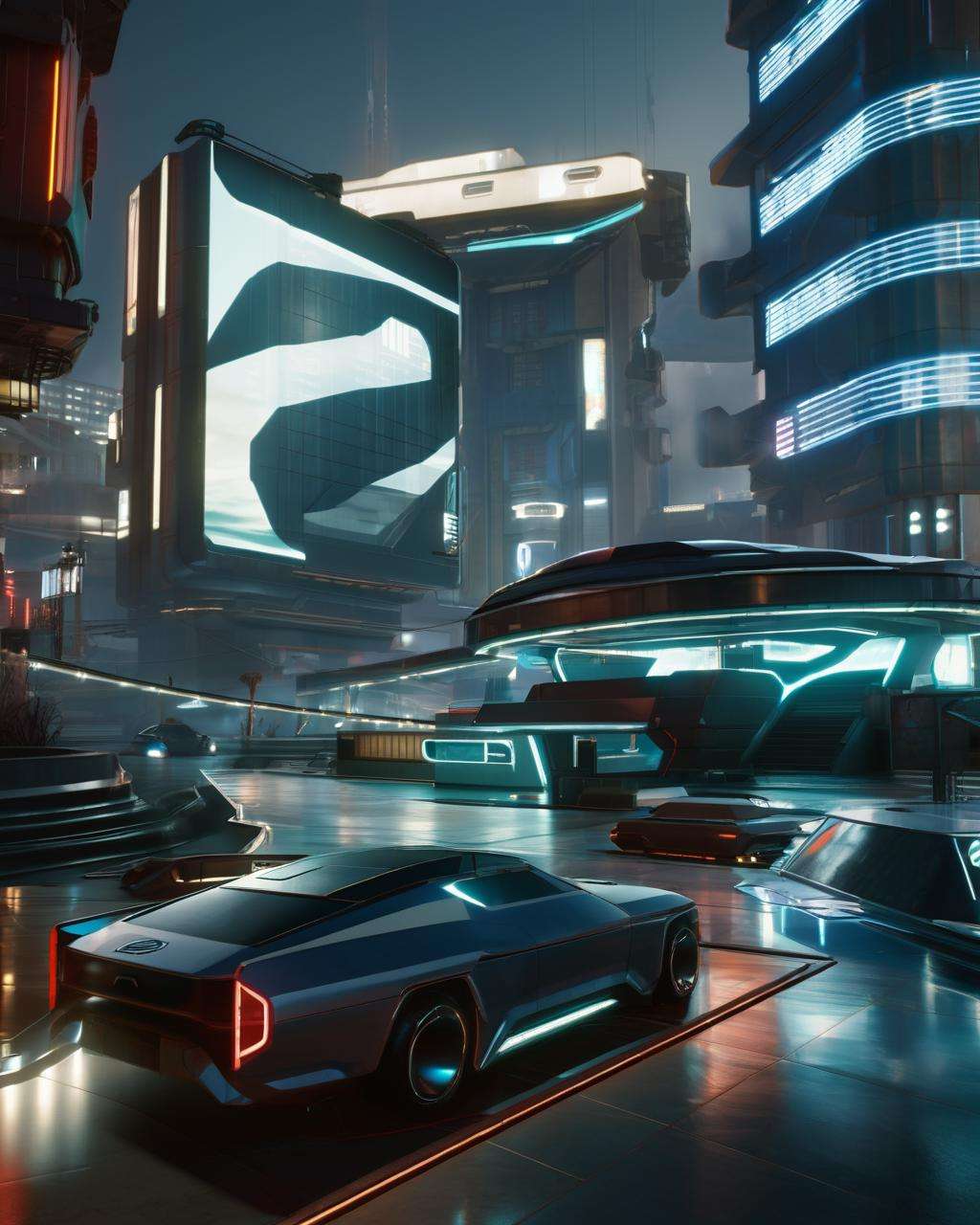 a futuristic building with a large screen and a car in the middle of the building and a lot of lights, Eve Ryder, unreal engine 5 rendered, concept art, retrofuturism , building, city, long_hair, scenery<lora:2077_Style:1.0>