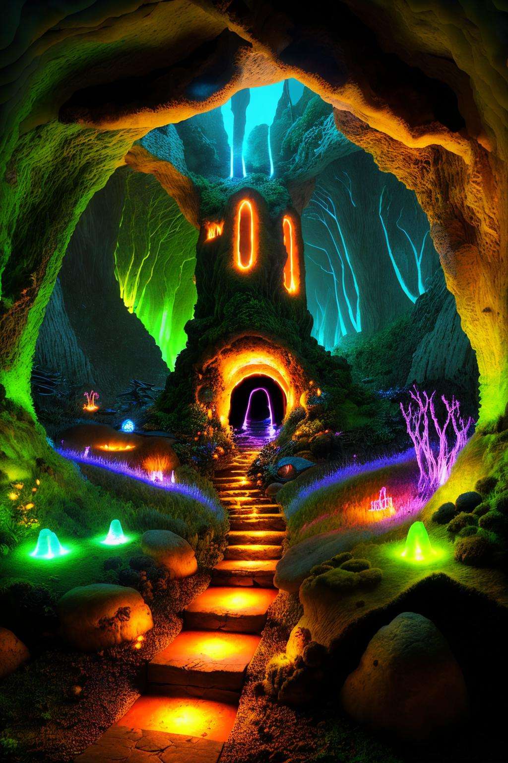 Enigmatic cave illuminated by bioluminescent fungi, landscape:0.6, fantasy:0.7, mysterious ambiance:0.6, underground wonder:0.5.  , wallpaper_X