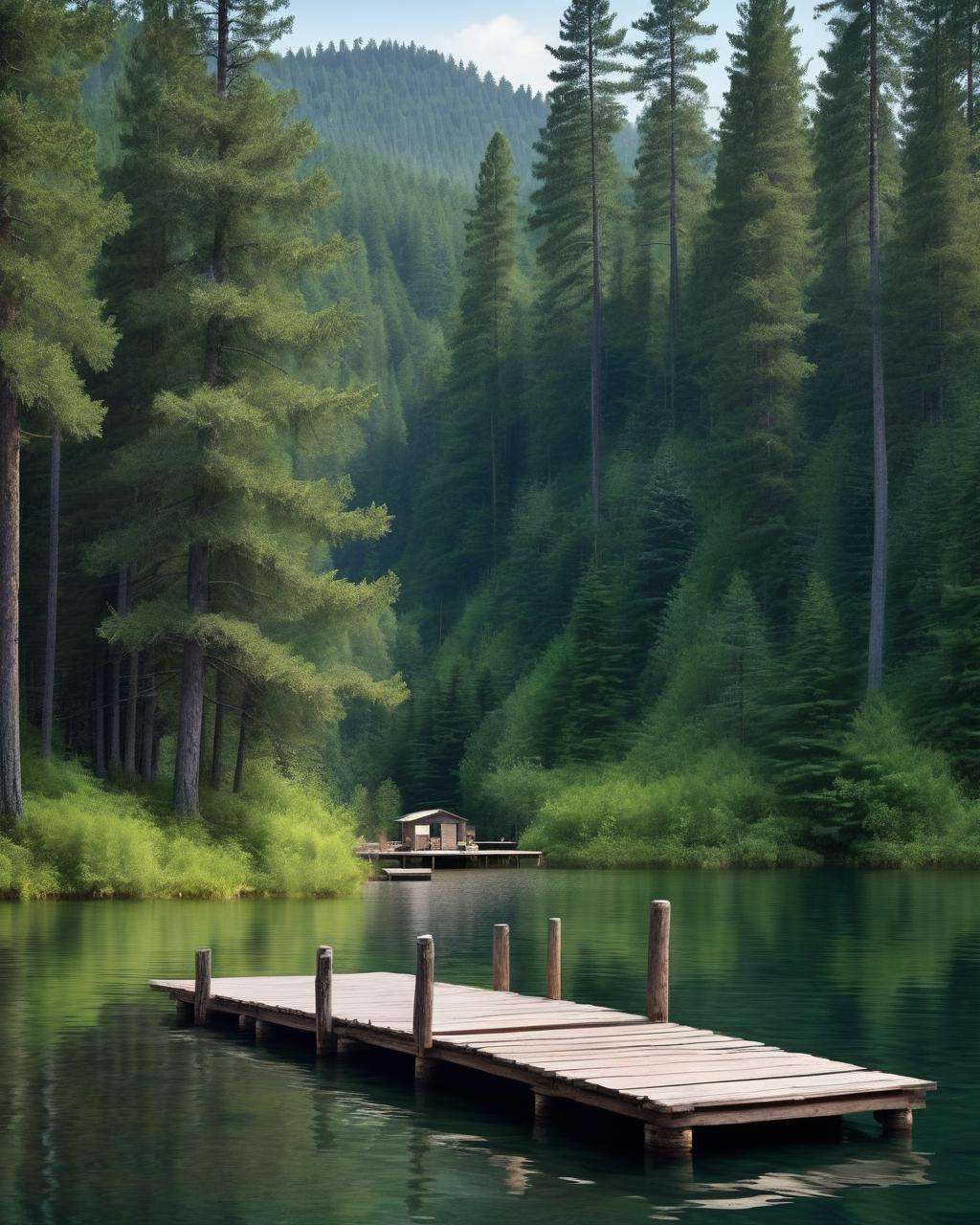 A tranquil lakeside scene with a rustic wooden dock extending into the water, surrounded by tall pine trees:0.8, an embodiment of peaceful retreats and the simplicity of rural life:0.7, lakeside escapes:0.6, rustic charm:0.5, serene getaways:0.4.  <lora:wallpaper_X:1.0>