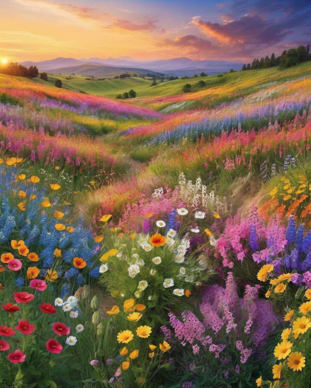 Rolling fields of vibrant wildflowers stretching as far as the eye can see, kissed by the gentle touch of a golden sunset:0.7, a symphony of colors that captures the essence of summer's beauty:0.6, scenic beauty:0.5, nature's palette:0.4, desktop wallpaper:0.5.  <lora:wallpaper_X:1.0>