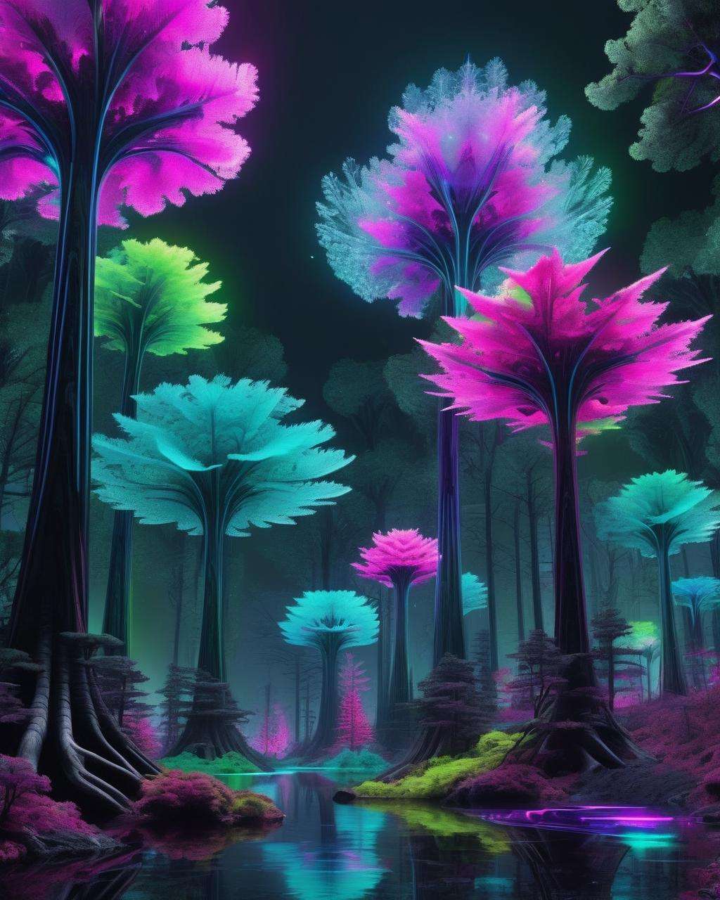 A digital forest of neon trees and fractal foliage, each element pulsating with electronic life, offering a sense of immersion in a vibrant and artificial ecosystem. (digital forest:0.4, neon trees:0.3, fractal foliage:0.2, electronic life:0.1)  <lora:wallpaper_X:1.0>