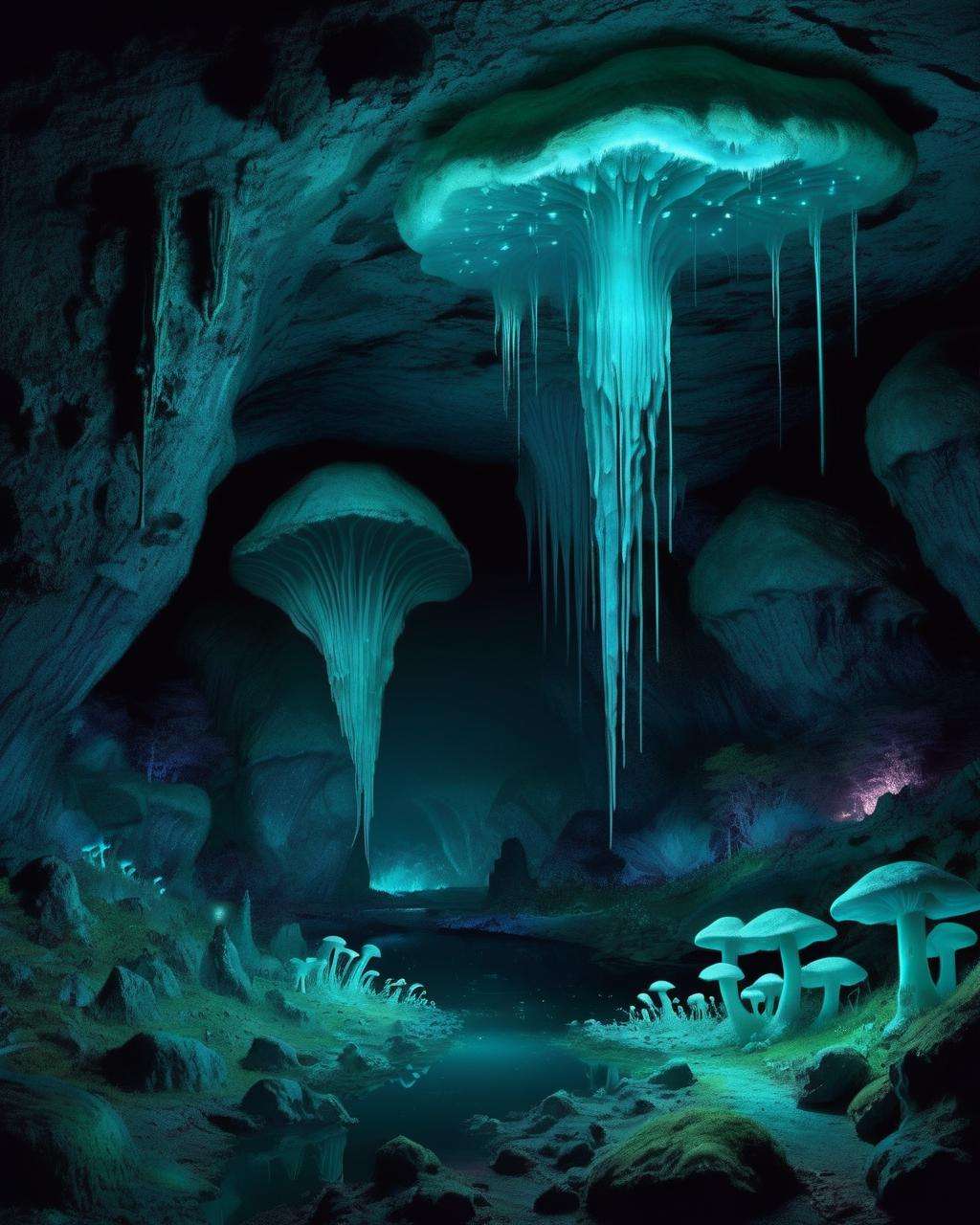 Enigmatic cave illuminated by bioluminescent fungi, landscape:0.6, fantasy:0.7, mysterious ambiance:0.6, underground wonder:0.5.  <lora:wallpaper_X:1.0>