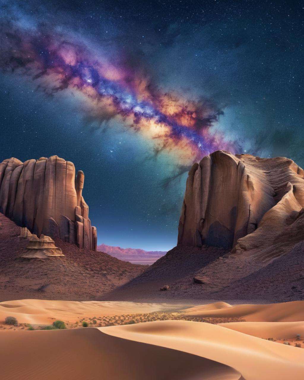 A remote, starlit desert expanse with towering rock formations, the Milky Way arching across the sky:0.8, a portal to the mysteries of the universe and the wonders of the night:0.7, starry nights:0.6, cosmic vistas:0.5, celestial beauty:0.4.  <lora:wallpaper_X:1.0>