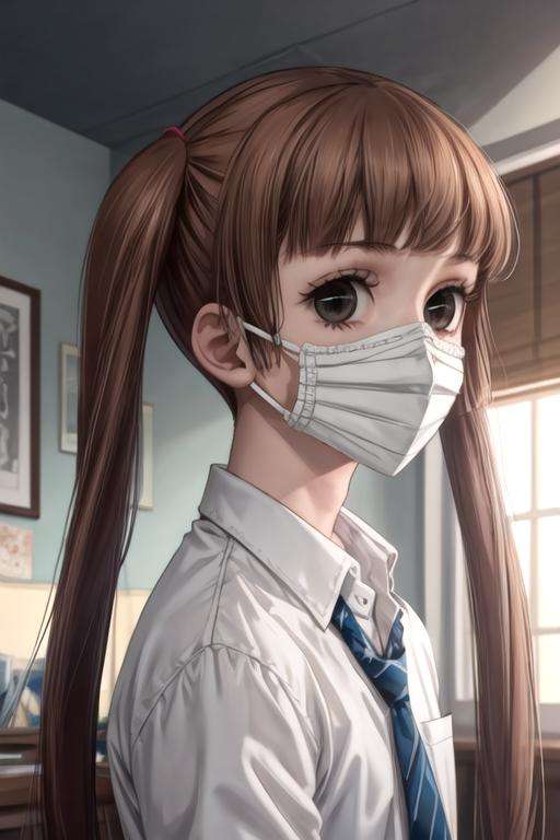 masterpiece, best quality, game cg, 1boy, solo, male focus, looking at viewer, upper body, , <lora:nino_arisugawa:0.70>, nino_arisugawa, brown hair, black eyes, long hair, twintails, low twintails, mask, shirt, , biopunk,