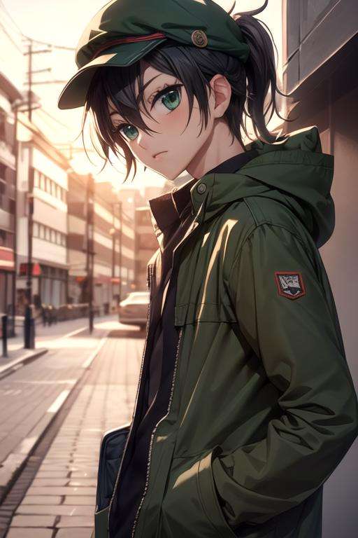 masterpiece, best quality, wallpaper, 1boy, solo, male focus, looking at viewer, upper body, , <lora:kanade_yuzuriha:0.76>, kanade_yuzuriha, black hair, green eyes, ponytail, parka, flat cap, , High definition