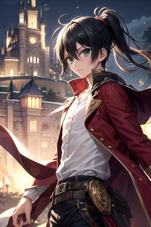 masterpiece, best quality, wallpaper, 1boy, solo, male focus, looking at viewer, , depth of field, <lora:kanade_yuzuriha:0.70>, kanade_yuzuriha, black hair, green eyes, ponytail, fairy tale costume, The Castle of Shadows,