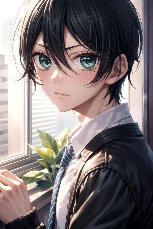 masterpiece, best quality, wallpaper, 1boy, solo, male focus, looking at viewer, , depth of field, <lora:kanade_yuzuriha:0.70>, kanade_yuzuriha, black hair, green eyes, short hair, , ,