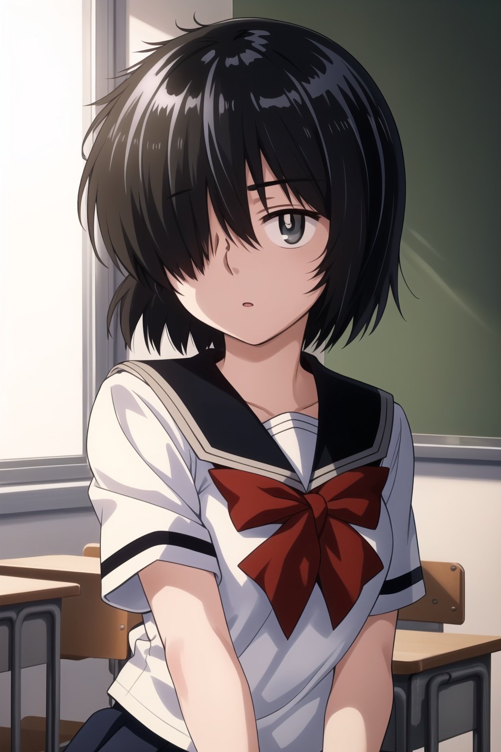 1girl, (masterpiece:1.3), (high resolution), (8K), (extremely detailed), (4k), (pixiv), perfect face, nice eyes and face, (best quality), (super detailed), detailed face and eyes, (solo), textured skin, <lora:urabe_mikoto-09:0.7>, urabewz, school uniform, serafuku, black eyes, pleated skirt, black hair, (hair over one eye), short hair, standing, indoors, looking at viewer, classroom, 