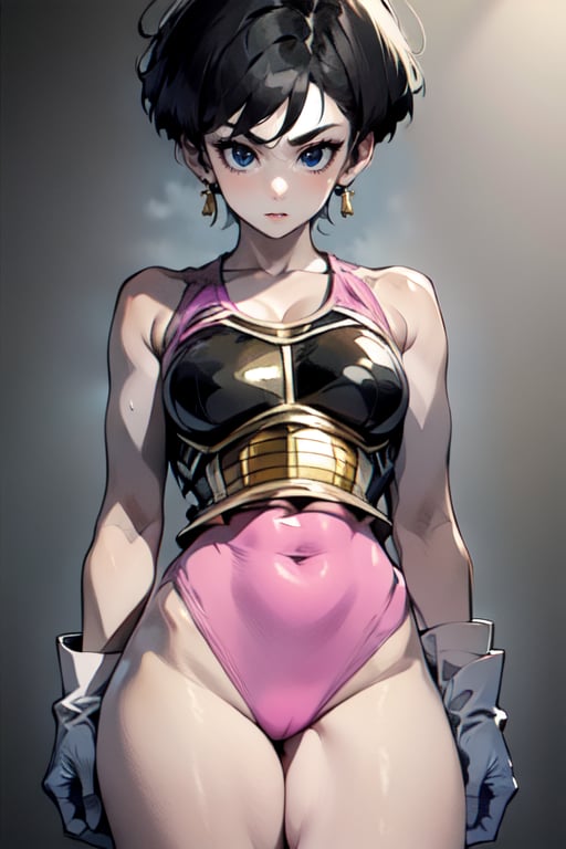 masterpiece,Detailedface,,suujiniku,,Fasha, 1girl, short hair, black hair, gold earrings, (black eyes:1.4), big breast, saiyan armor, pink leotard, white gloves, 1tail, black knee pads with pink straps, yellow knee high socks of different sizes, white boots, monkey tail,