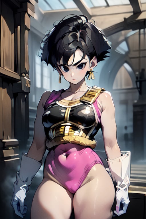 masterpiece,Detailedface,,suujiniku,,Fasha, 1girl, short hair, black hair, gold earrings, (black eyes:1.4), big breast, saiyan armor, pink leotard, white gloves, 1tail, black knee pads with pink straps, yellow knee high socks of different sizes, white boots, monkey tail,