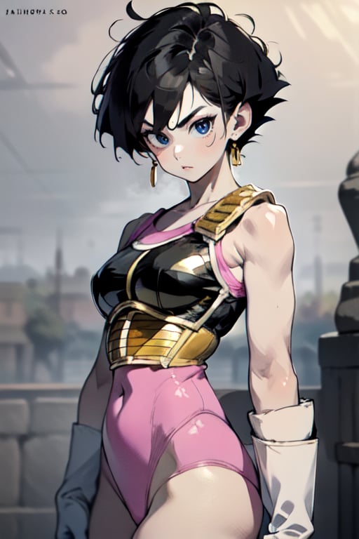 masterpiece,Detailedface,,suujiniku,,Fasha, 1girl, short hair, black hair, gold earrings, (black eyes:1.4), big breast, saiyan armor, pink leotard, white gloves, 1tail, black knee pads with pink straps, yellow knee high socks of different sizes, white boots, monkey tail,