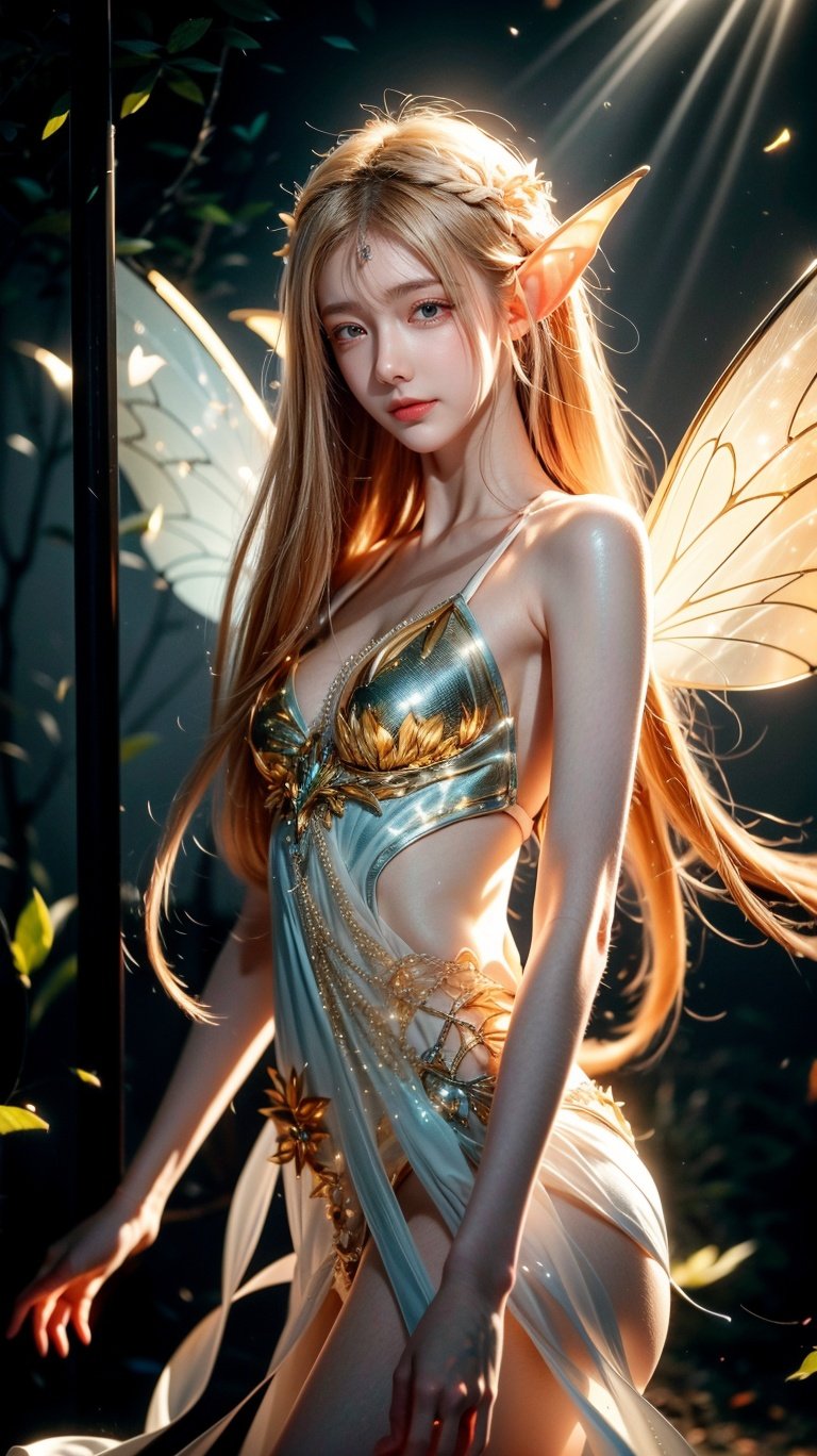 The fairy appears with long, flowing hair, strands of which move gracefully in the breeze like tendrils of pure light,She has delicate pointed ears, Her wings are a translucent white,
1girl,Wings, glow, fairies, long hair,elf,
masterpiece, best quality, 1girl,extremely sexy,delicate,cinematic lighting, professional lighting, photon mapping, physically-based rendering, solo focus,sharp focus,(((Dispersive light))),light rays,Tyndall effect, light tracks,, cinematic shadows, film grain,,Canon RF 85mm f/1.2L 85mm,yuzu,crystal,peafect body,looking_at_viewer,kind smile,pose for picture,jingling