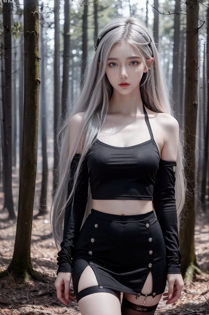 HDR, UHD, 8K, Highly detailed, best quality, masterpiece, 1girl, realistic, Highly detailed, (EOS R8, 50mm, F1.2, 8K, RAW photo:1.2), ultra realistic 8k cg,,jingling,Forest, skirt, silver hair,cyborg,Black 8D glossy stockings