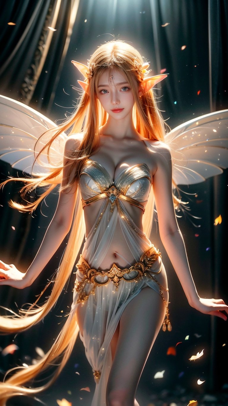 The fairy appears with long, flowing hair, strands of which move gracefully in the breeze like tendrils of pure light,She has delicate pointed ears, Her wings are a translucent white,
1girl,Wings, glow, fairies, long hair,elf,
masterpiece, best quality, 1girl,extremely sexy,delicate,cinematic lighting, professional lighting, photon mapping, physically-based rendering, solo focus,sharp focus,(((Dispersive light))),light rays,Tyndall effect, light tracks,, cinematic shadows, film grain,,Canon RF 85mm f/1.2L 85mm,yuzu,crystal,peafect body,looking_at_viewer,kind smile,pose for picture,jingling