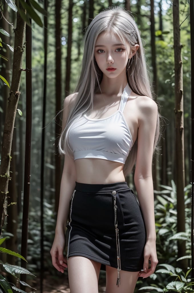 HDR, UHD, 8K, Highly detailed, best quality, masterpiece, 1girl, realistic, Highly detailed, (EOS R8, 50mm, F1.2, 8K, RAW photo:1.2), ultra realistic 8k cg,,jingling,Forest, skirt, silver hair,cyborg