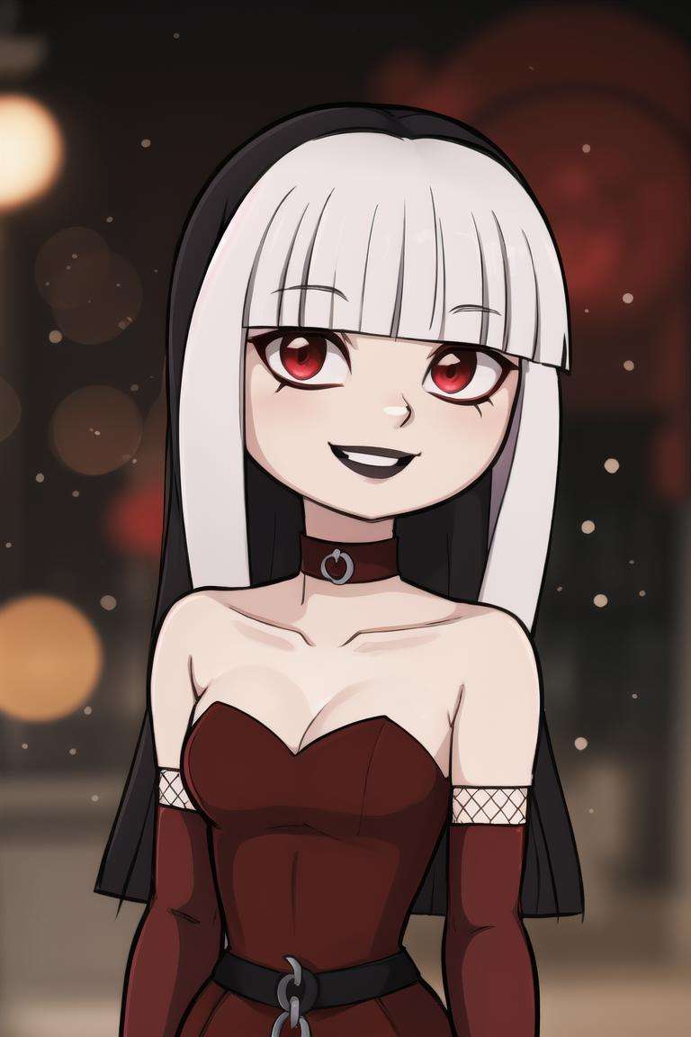 centered, professional photo, (looking at viewer:1.2), smiling, |  Crimson_Total_Drama, goth, blunt bangs, long hair, red eyes, makeup, fishnets, black knee boots, red dress, elbow gloves, two_tone_hair, white hair, black hair,, | | bokeh, depth of field, cinematic composition, | <lora:Crimson_Total_Drama:0.8>