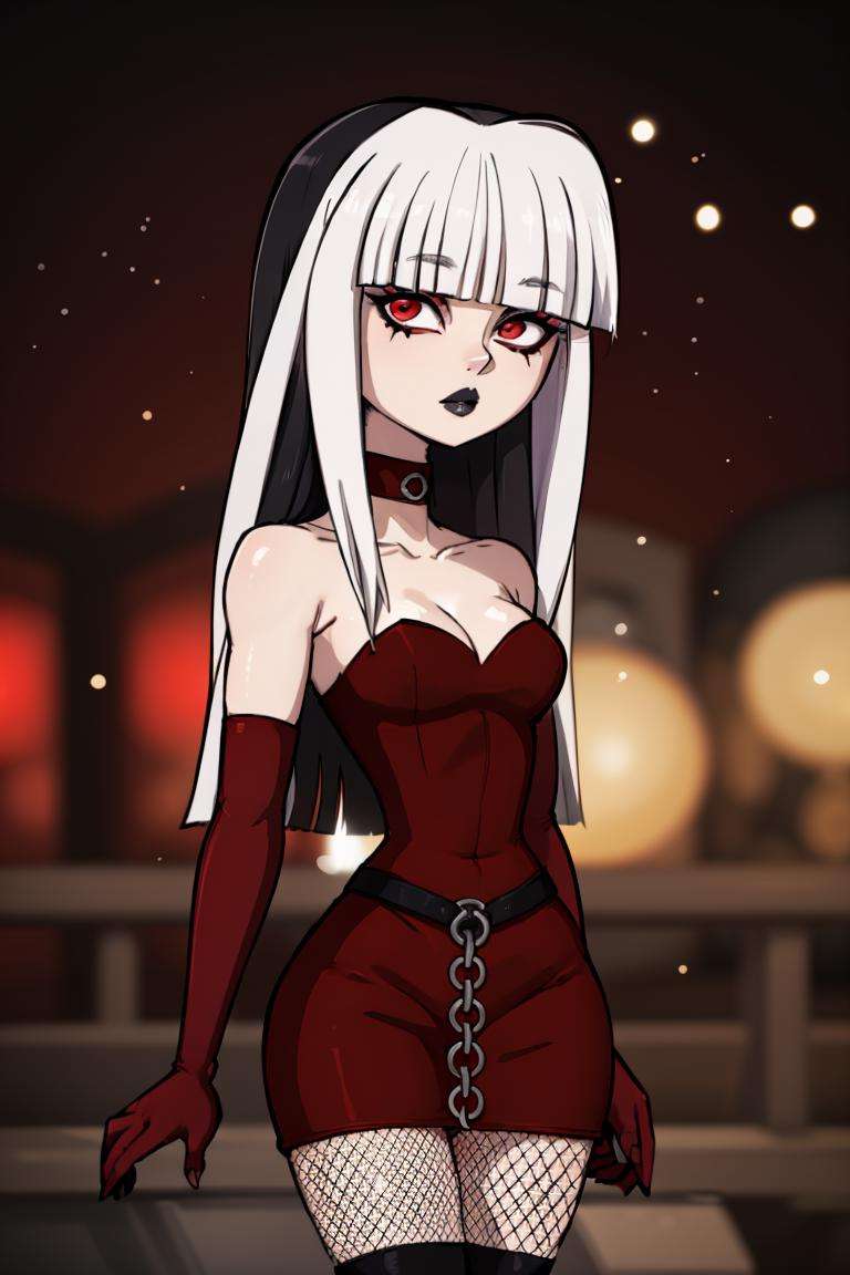 centered, professional photo, (looking at viewer:1.2),  |  Crimson_Total_Drama, goth, blunt bangs, long hair, red eyes, makeup, fishnets, black knee boots, red dress, elbow gloves, two_tone_hair, white hair, black hair,, | | bokeh, depth of field, cinematic composition, | <lora:Crimson_Total_Drama:0.8>