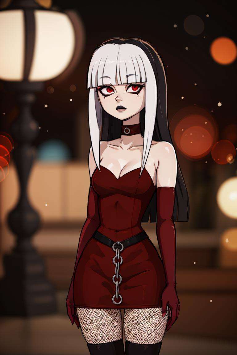 centered, professional photo, (looking at viewer:1.2),  |  Crimson_Total_Drama, goth, blunt bangs, long hair, red eyes, makeup, fishnets, black knee boots, red dress, elbow gloves, two_tone_hair, white hair, black hair,, | | bokeh, depth of field, cinematic composition, | <lora:Crimson_Total_Drama:0.8>