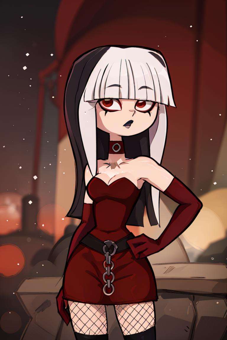 centered, professional photo, (looking at viewer:1.2),  |  Crimson_Total_Drama, goth, blunt bangs, long hair, red eyes, makeup, fishnets, black knee boots, red dress, elbow gloves, two_tone_hair, white hair, black hair,, | | bokeh, depth of field, cinematic composition, | <lora:Crimson_Total_Drama:1>