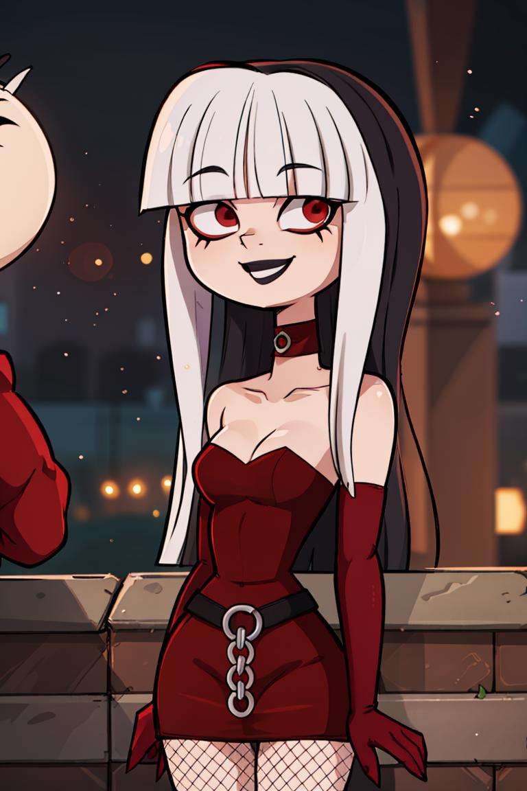 centered, professional photo, (looking at viewer:1.2), smiling, |  Crimson_Total_Drama, goth, blunt bangs, long hair, red eyes, makeup, fishnets, black knee boots, red dress, elbow gloves, two_tone_hair, white hair, black hair,, | | bokeh, depth of field, cinematic composition, | <lora:Crimson_Total_Drama:0.8>