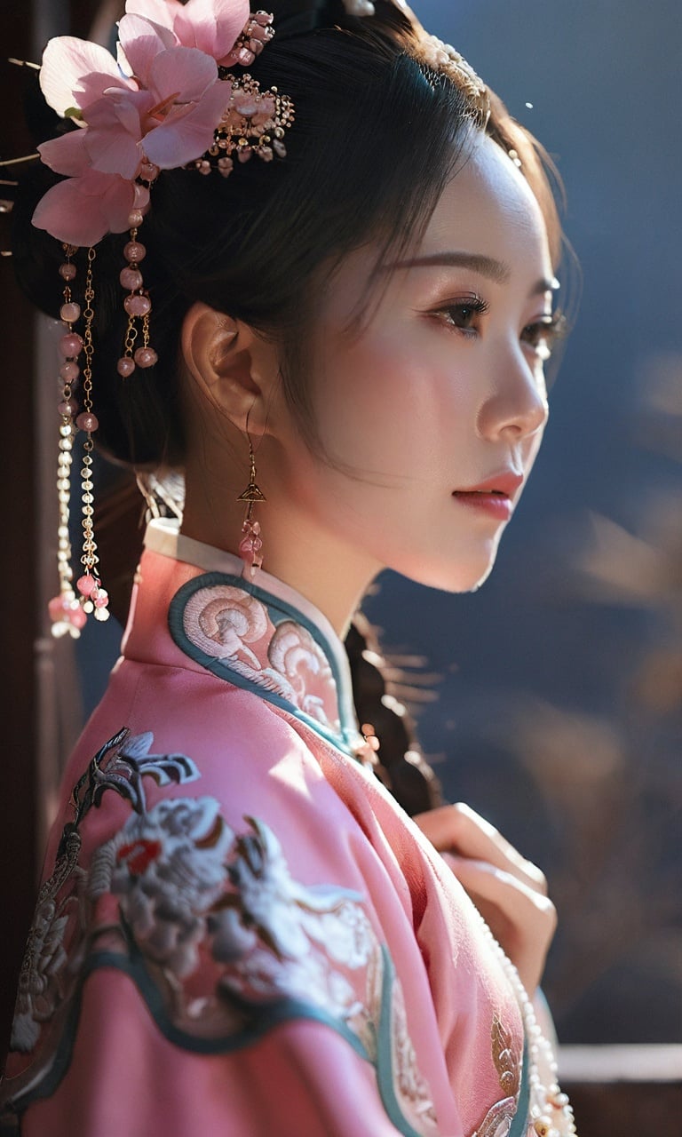 1girl,qing,wearing a qing clothes,wearing a pink qing clothes,((masterpiece)),((best quality)),8k,high detailed,ultra-detailed,film grain,low key,soft lightin,