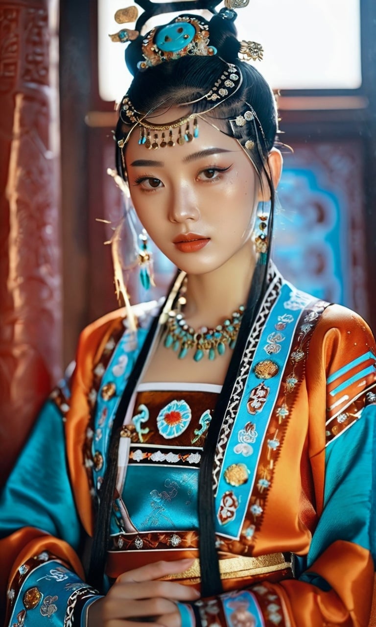 cinematic photo oriental fantasy,1girl,wearing a dunhuang clothes,((masterpiece)),((best quality)),8k,high detailed,ultra-detailed,35mm photograph,film,professional,4k,highly detailed,