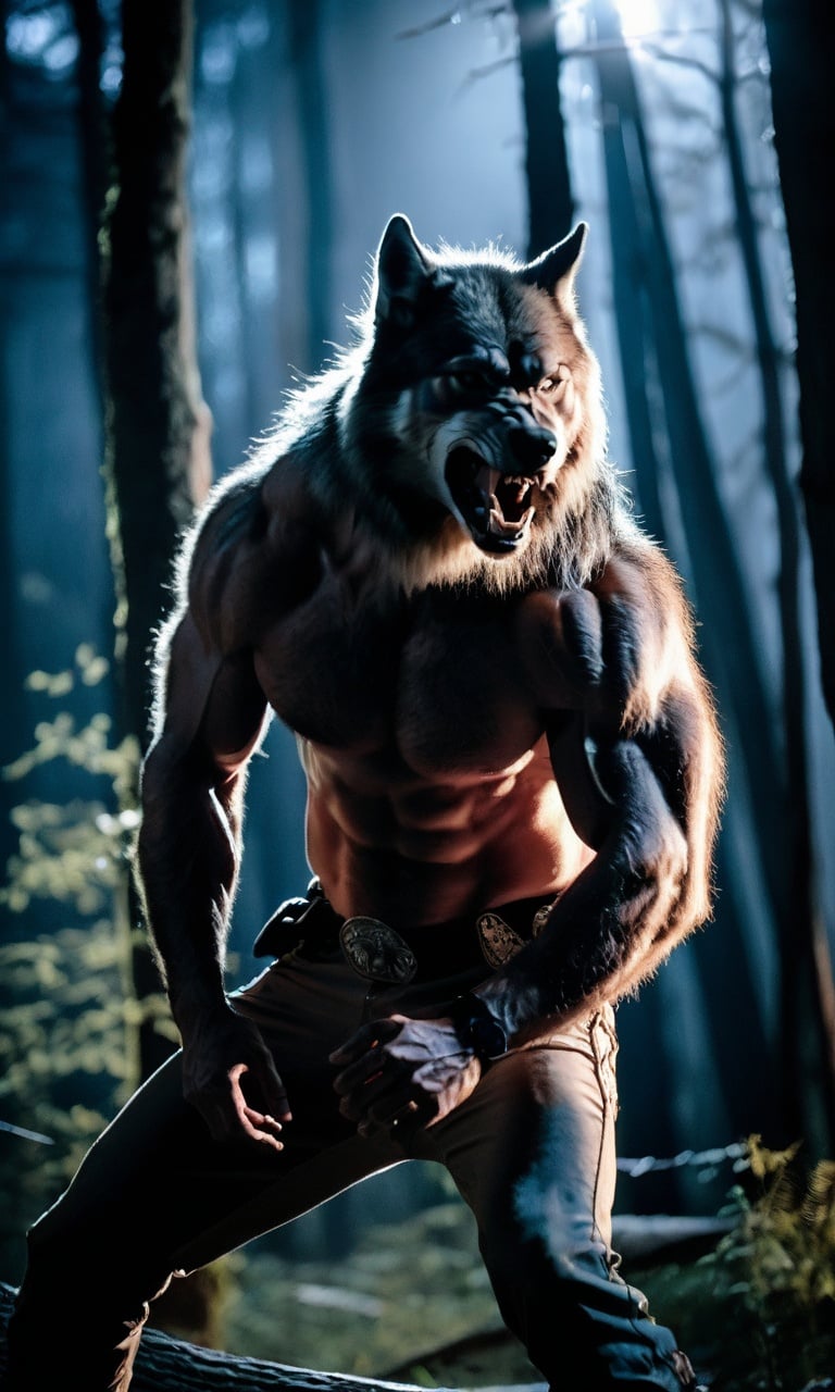 cinematic photo,western fantasy,Transforming werewolf under the full moon,Dynamic and intense metamorphosis,Muscles bulging as bones reshape,Fierce expression reflecting the inner struggle,Shredded clothing caught in the transformation,Moonlit forest backdrop enhancing the atmosphere,Cinematic angle capturing the tension,Dramatic backlight adding depth,Focal length 55mm,aperture f/2.0,ISO 400,shutter speed 1/250.,