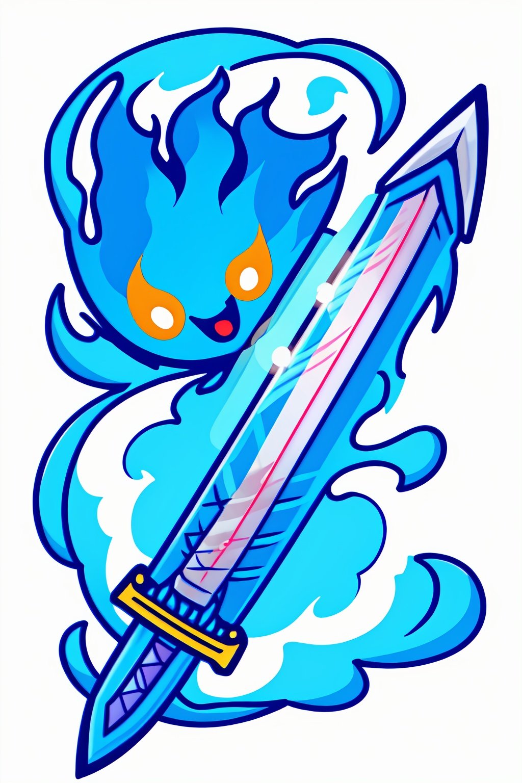 style of Chiho Aoshima, game asset, ancient sword, on fire, royal blue hue, simple white background, Illustration, japan, minimalistic, cutestickers