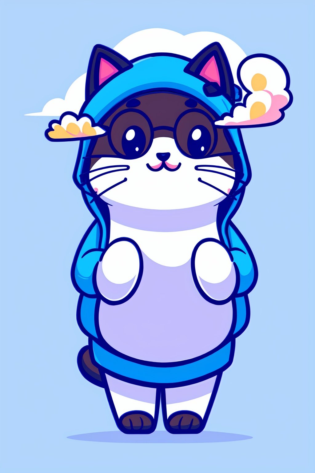 style of Cathleen McAllister, a cute cat, on clouds, cold colors, simple background, artstation, USA, sticker, cutestickers
