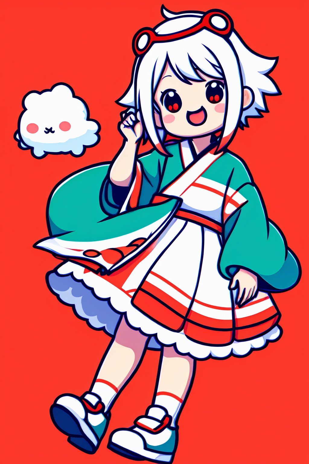 style of Chiho Aoshima, cute, a girl, white hair, puffy dress, full body, red hue, simple white background, Illustration, Ink, japan, minimalistic,cutestickers